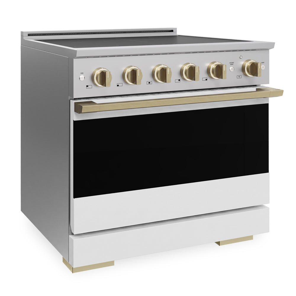ZLINE Autograph Edition 36 in. 5.2 cu. ft. Marino Induction Range with 5 Element Cooktop and Electric Convection Oven in Stainless Steel with White Matte Door and Champagne Bronze Accents (MINRZ-WM-36-CB)
