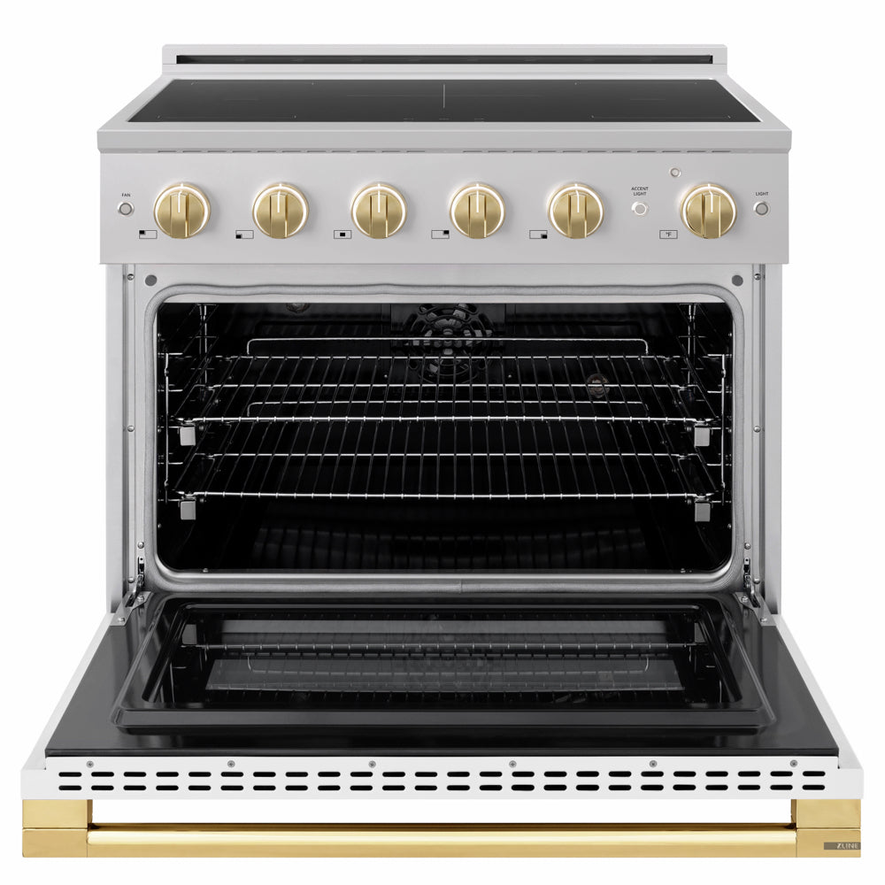 ZLINE Autograph Edition 36 in. 5.2 cu. ft. Marino Induction Range with 5 Element Cooktop and Electric Convection Oven in Stainless Steel with White Matte Door and Polished Gold Accents (MINRZ-WM-36-G)