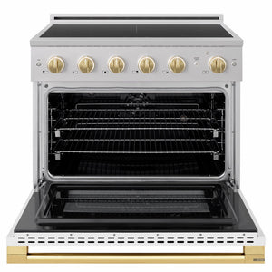ZLINE Autograph Edition 36 in. 5.2 cu. ft. Marino Induction Range with 5 Element Cooktop and Electric Convection Oven in Stainless Steel with White Matte Door and Polished Gold Accents (MINRZ-WM-36-G)