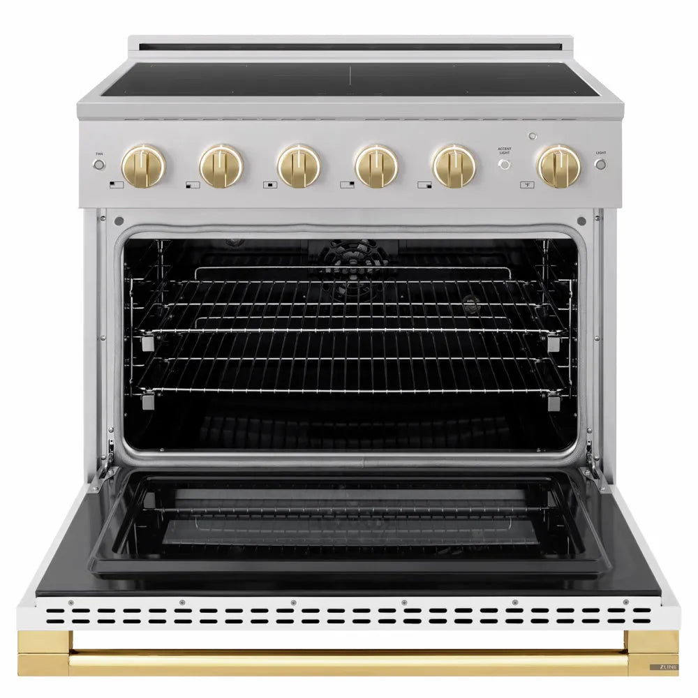 ZLINE Autograph Edition 36 in. 5.2 cu. ft. Marino Induction Range with 5 Element Cooktop and Electric Convection Oven in Stainless Steel with White Matte Door and Polished Gold Accents (MINRZ-WM-36-G) front, oven open.