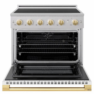 ZLINE Autograph Edition 36 in. 5.2 cu. ft. Marino Induction Range with 5 Element Cooktop and Electric Convection Oven in Stainless Steel with White Matte Door and Polished Gold Accents (MINRZ-WM-36-G) front, oven open.
