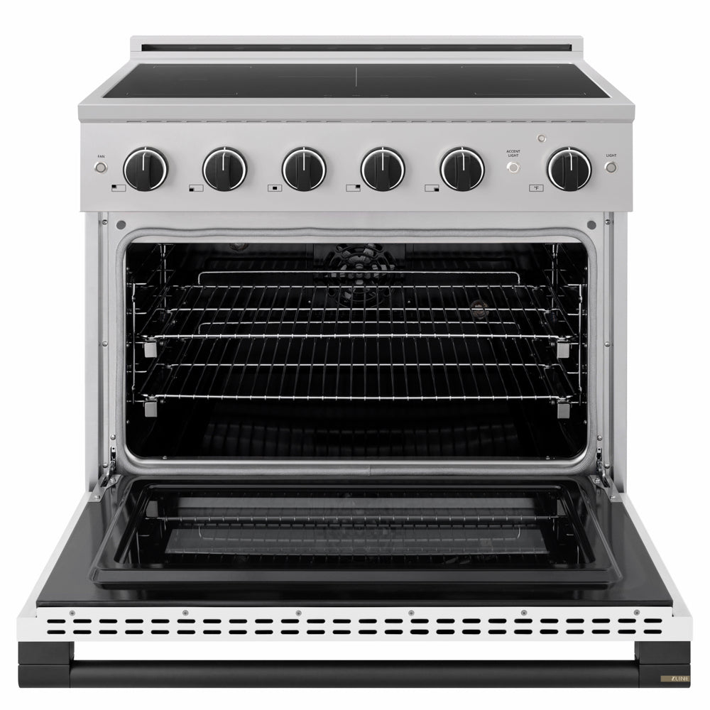 ZLINE Autograph Edition 36 in. 5.2 cu. ft. Marino Induction Range with 5 Element Cooktop and Electric Convection Oven in Stainless Steel with White Matte Door and Matte Black Accents (MINRZ-WM-36-MB)