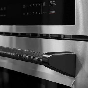ZLINE 30 in. Microwave Helix Handle (Set of 1) in Black Stainless Steel (MWHZ-30-K-BS) on appliance showing diamond knurled details.