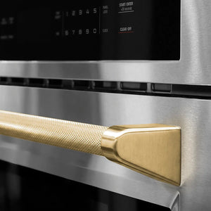 ZLINE Autograph Edition 30 in. Microwave Helix Handle (Set of 1) in Champagne Bronze (MWHZ-30-K-CB) on appliance showing diamond knurled details.