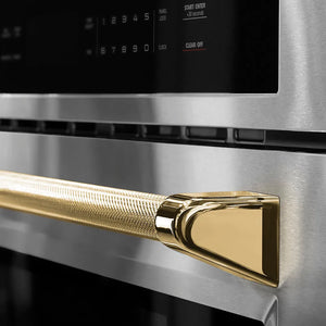 ZLINE Autograph Edition 30 in. Microwave Helix Handle (Set of 1) in Polished Gold (MWHZ-30-K-G) on appliance showing diamond knurled details.