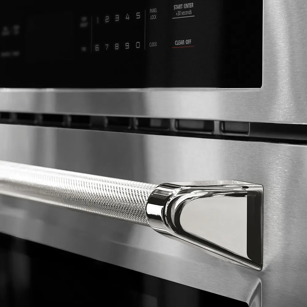 ZLINE Autograph Edition 30 in. Microwave Helix Handle (Set of 1) in Polished Nickel (MWHZ-30-K-PN) on appliance showing diamond knurled details.