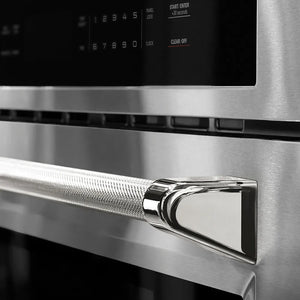 ZLINE Autograph Edition 30 in. Microwave Helix Handle (Set of 1) in Polished Nickel (MWHZ-30-K-PN) on appliance showing diamond knurled details.