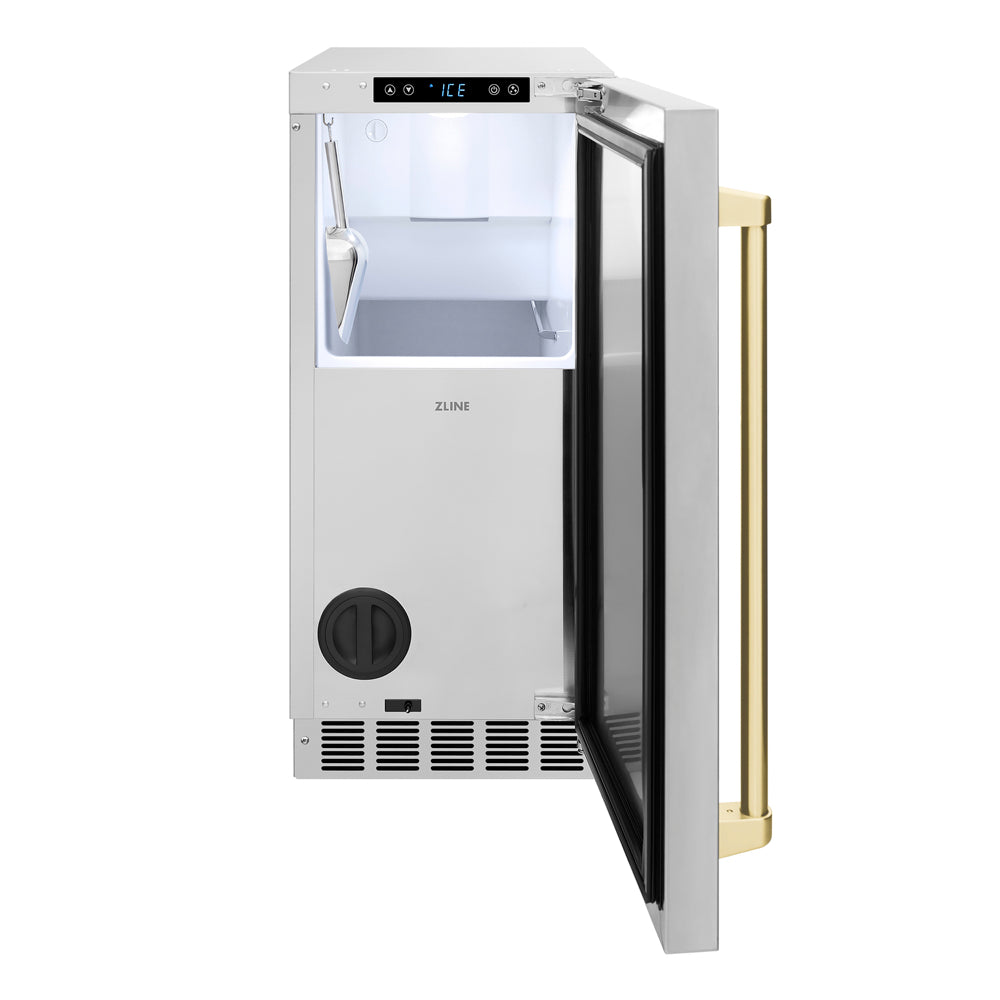ZLINE Autograph Edition 15 in. Touchstone Nugget Ice Maker with Drain Pump and Solid Stainless Steel Door with Champagne Bronze Handle (INGDZ-ST-15-CB)