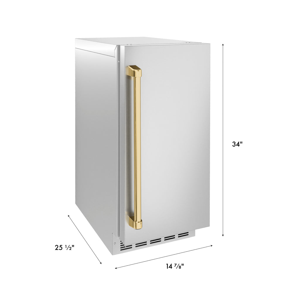 ZLINE Autograph Edition 15 in. Touchstone Nugget Ice Maker with Drain Pump and Solid Stainless Steel Door with Polished Gold Handle (INGDZ-ST-15-G)
