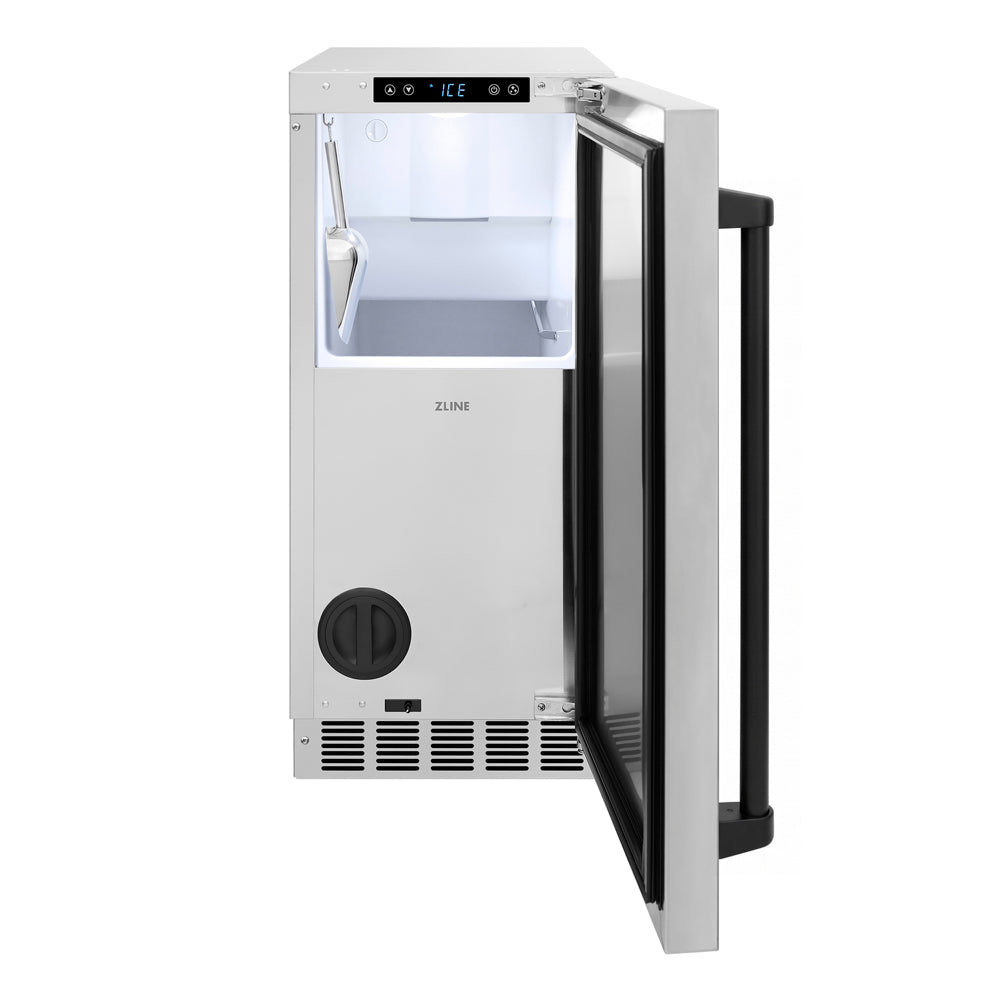 ZLINE Autograph Edition 15 in. Touchstone Nugget Ice Maker with Drain Pump and Solid Stainless Steel Door with Matte Black Handle (INGDZ-ST-15-MB)