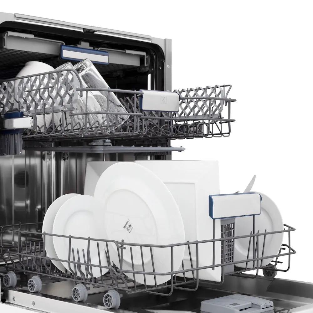ZLINE 24 in. Tallac Series 3rd Rack Tall Tub Dishwasher in Custom Panel Ready with Stainless Steel Tub, 51dBa (DWV-24) side, with open door showing clean dishes in the racks.