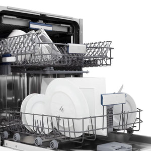 ZLINE 24 in. Tallac Series 3rd Rack Tall Tub Dishwasher in Custom Panel Ready with Stainless Steel Tub, 51dBa (DWV-24) side, with open door showing clean dishes in the racks.
