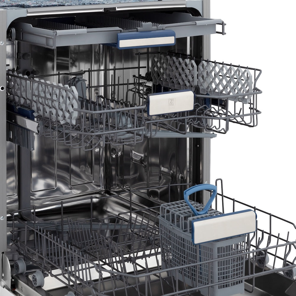 ZLINE 24 in. Tallac Series 3rd Rack Tall Tub Dishwasher in Custom Panel Ready with Stainless Steel Tub, 51dBa (DWV-24) side, open, showing adjustable racks.