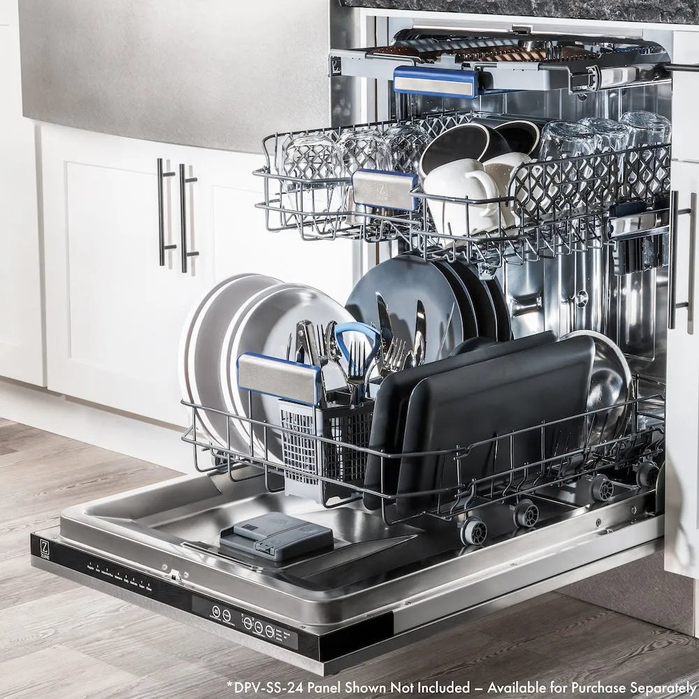 Open ZLINE 24 in. Tallac Series 3rd Rack Tall Tub Dishwasher in Custom Panel Ready with Stainless Steel Tub, 51dBa (DWV-24) with clean dishes in a kitchen setting