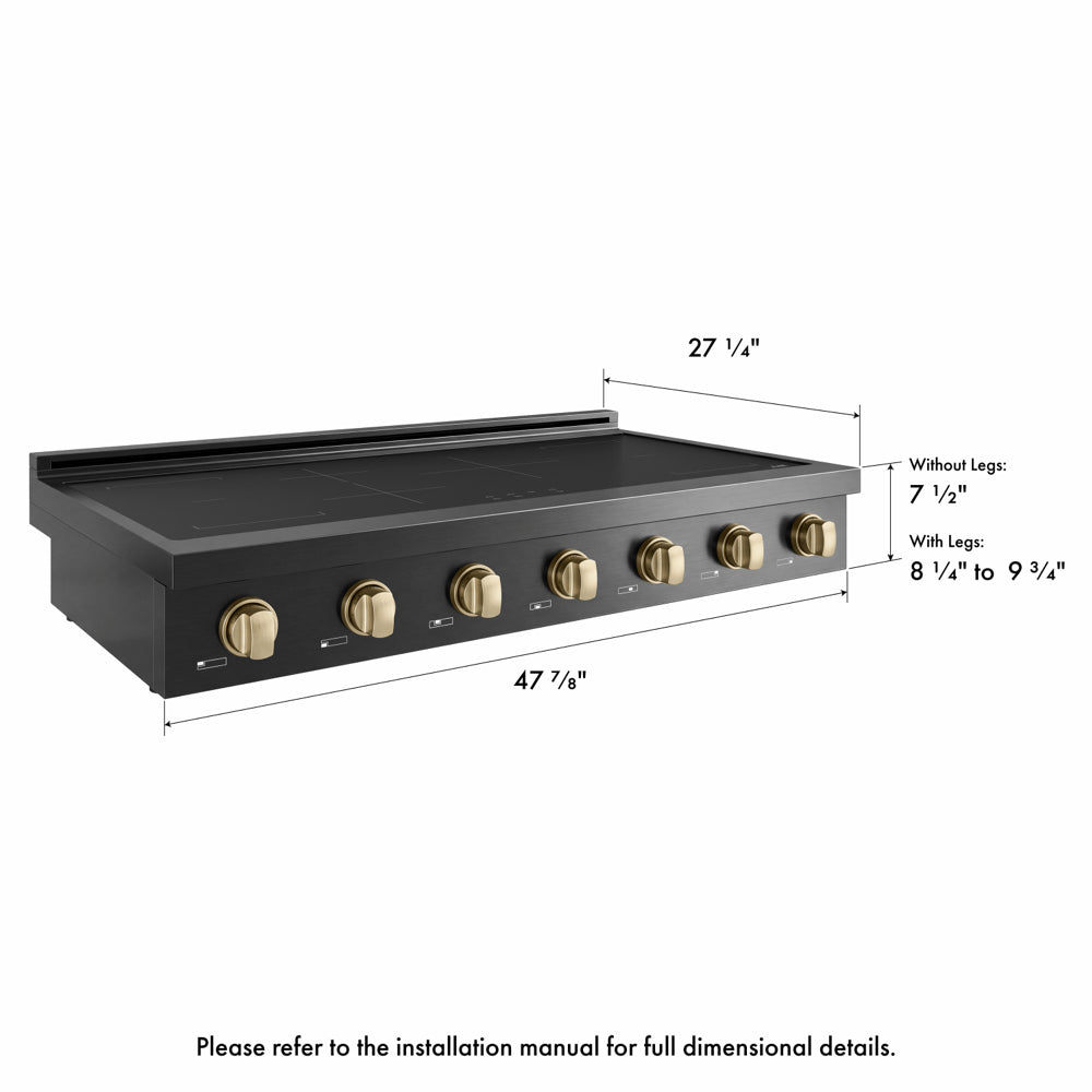 ZLINE Autograph Edition 48 in. Paramount Induction Rangetop with 7 Element Cooktop in Black Stainless Steel and Champagne Bronze Accents (SINRTBZ-48-CB) side, with dimensions labeled.