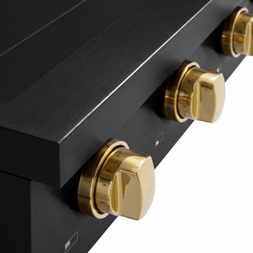 ZLINE Autograph Edition 48 in. Paramount Induction Rangetop with 7 Element Cooktop in Black Stainless Steel and Polished Gold Accents (SINRTBZ-48-G) close-up, control knobs.