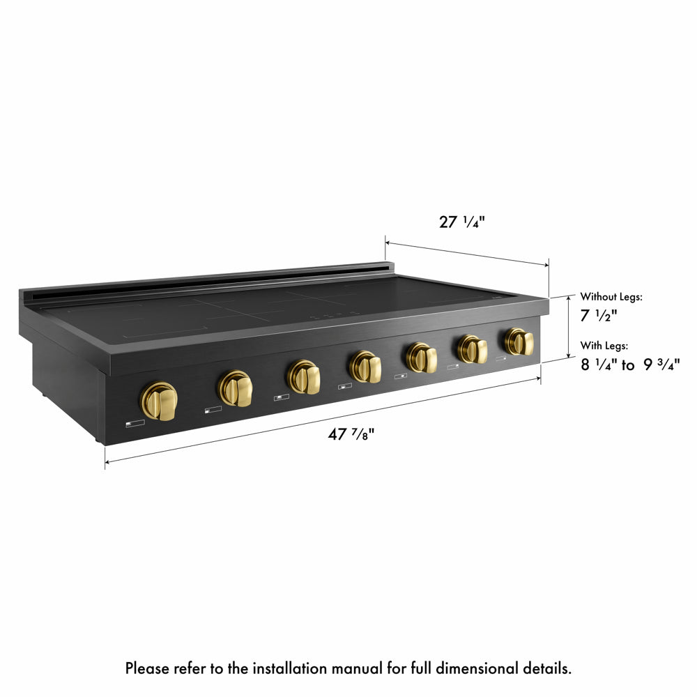 ZLINE Autograph Edition 48 in. Paramount Induction Rangetop with 7 Element Cooktop in Black Stainless Steel and Polished Gold Accents (SINRTBZ-48-G) side, with dimensions labeled.