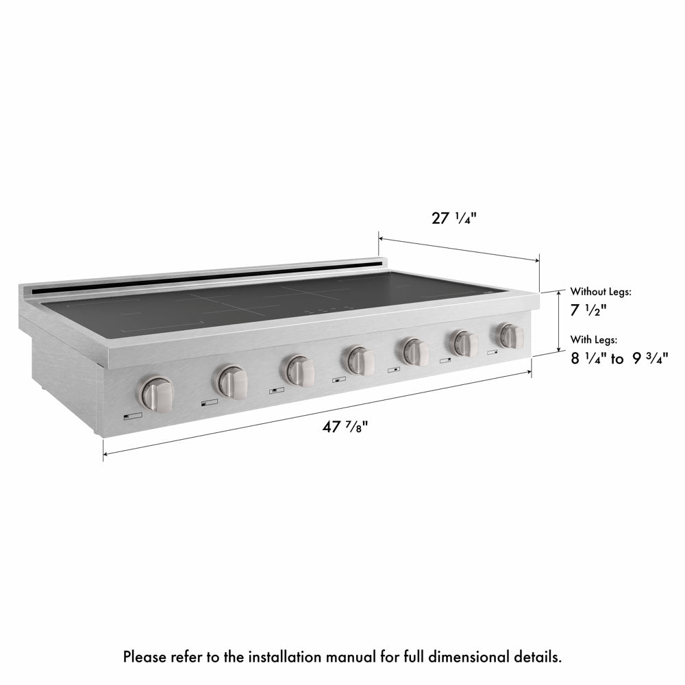 ZLINE 48 in. Paramount Induction Rangetop with 7 Element Cooktop in Satin Stainless Steel (SINRTS-48) side, with dimensions labeled.