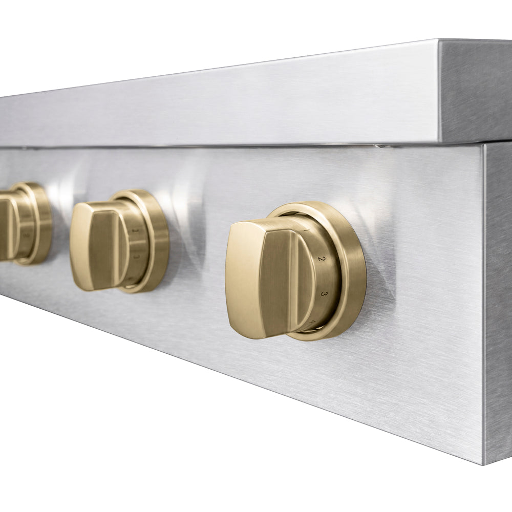 ZLINE Autograph Edition 48 in. Paramount Induction Rangetop with 7 Element Cooktop in Satin Stainless Steel and Champagne Bronze Accents (SINRTSZ-48-CB) close-up, control knobs.