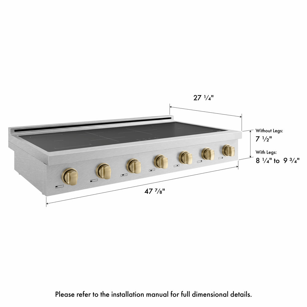 ZLINE Autograph Edition 48 in. Paramount Induction Rangetop with 7 Element Cooktop in Satin Stainless Steel and Champagne Bronze Accents (SINRTSZ-48-CB) side, with dimensions labeled.