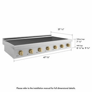 ZLINE Autograph Edition 48 in. Paramount Induction Rangetop with 7 Element Cooktop in Satin Stainless Steel and Champagne Bronze Accents (SINRTSZ-48-CB) side, with dimensions labeled.