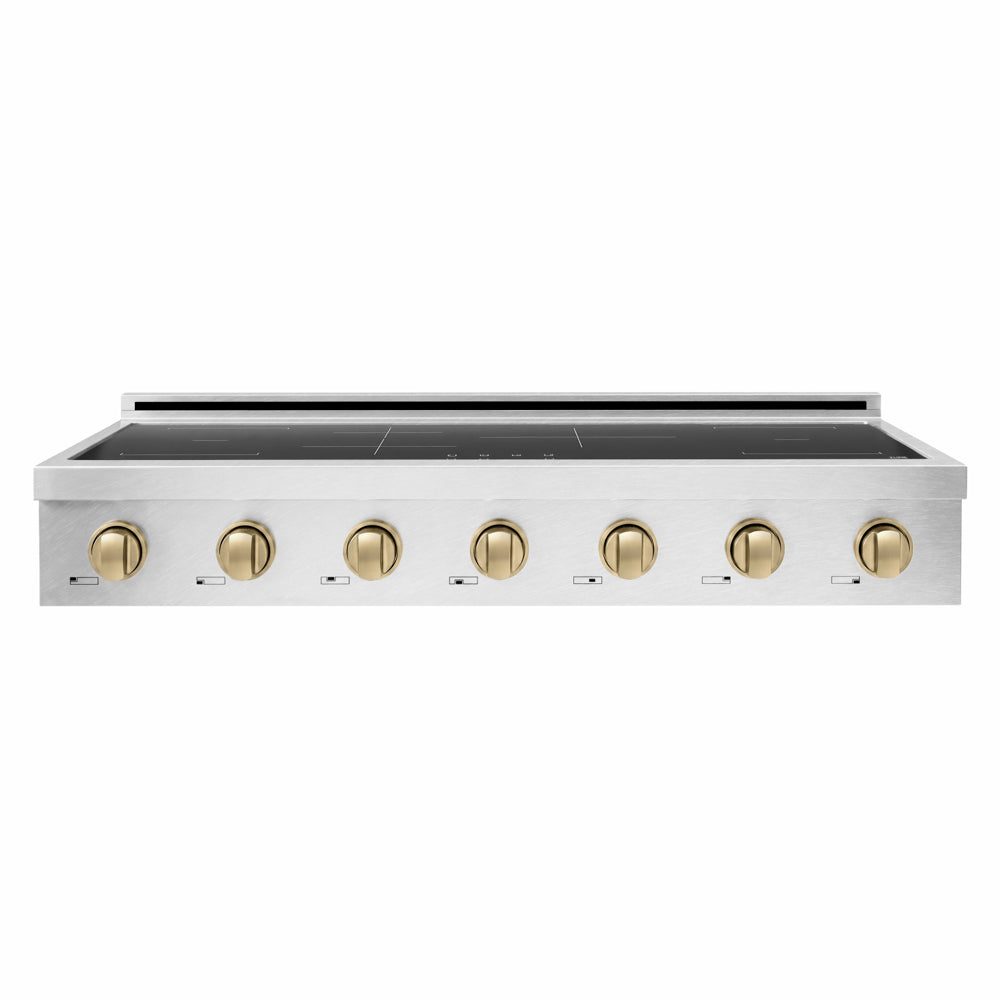 ZLINE Autograph Edition 48 in. Paramount Induction Rangetop with 7 Element Cooktop in Satin Stainless Steel and Champagne Bronze Accents (SINRTSZ-48-CB) front.