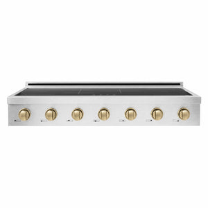 ZLINE Autograph Edition 48 in. Paramount Induction Rangetop with 7 Element Cooktop in Satin Stainless Steel and Champagne Bronze Accents (SINRTSZ-48-CB) front.