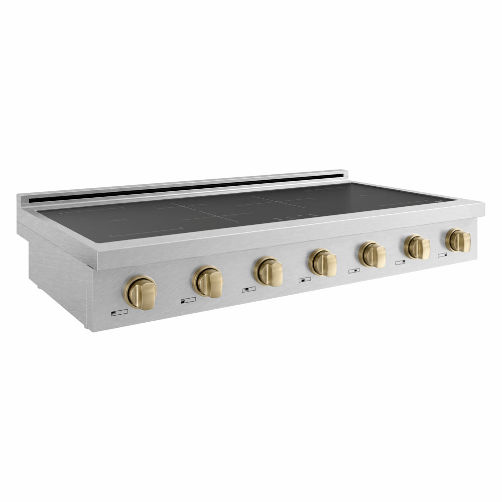 ZLINE Autograph Edition 48 in. Paramount Induction Rangetop with 7 Element Cooktop in Satin Stainless Steel and Champagne Bronze Accents (SINRTSZ-48-CB) side.