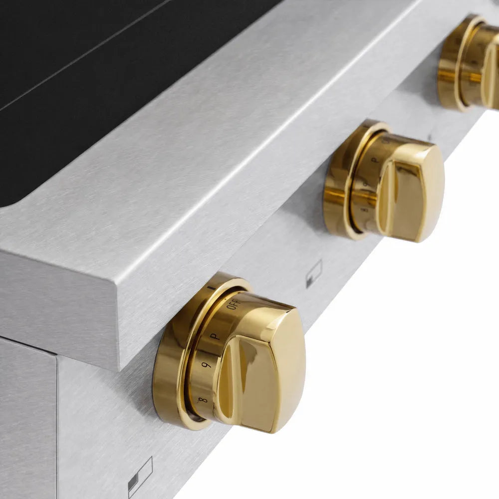 ZLINE Autograph Edition 48 in. Paramount Induction Rangetop with 7 Element Cooktop in Satin Stainless Steel and Polished Gold Accents (SINRTSZ-48-G) close-up, control knobs.