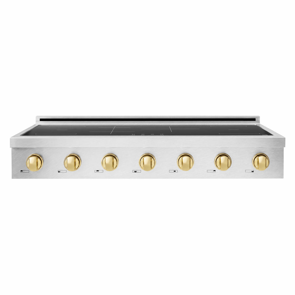 ZLINE Autograph Edition 48 in. Paramount Induction Rangetop with 7 Element Cooktop in Satin Stainless Steel and Polished Gold Accents (SINRTSZ-48-G) front.