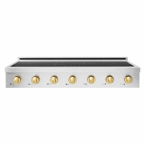 ZLINE Autograph Edition 48 in. Paramount Induction Rangetop with 7 Element Cooktop in Satin Stainless Steel and Polished Gold Accents (SINRTSZ-48-G) front.
