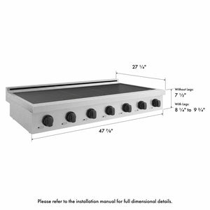 ZLINE Autograph Edition 48 in. Paramount Induction Rangetop with 7 Element Cooktop in Satin Stainless Steel and Matte Black Accents (SINRTSZ-48-MB) side, with dimensions labeled.