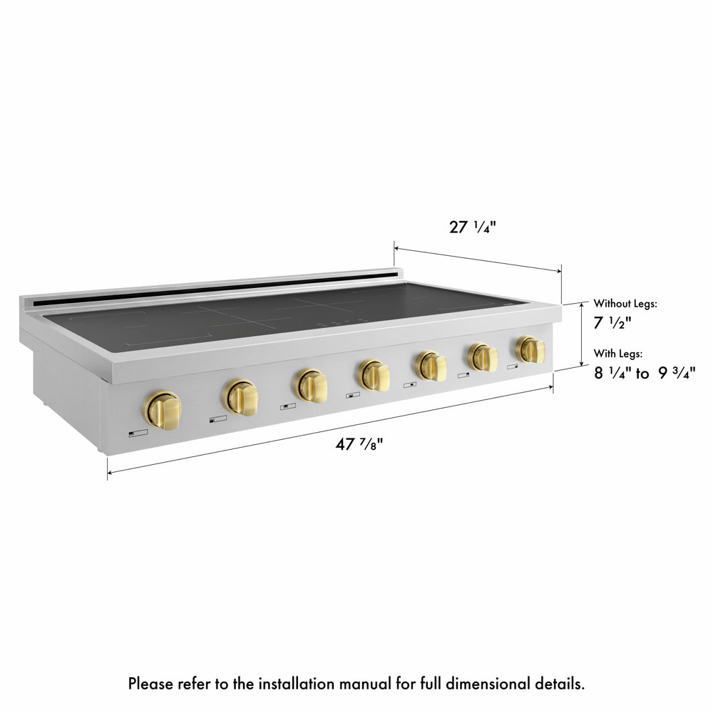 ZLINE Autograph Edition 48 in. Paramount Induction Rangetop with 7 Element Cooktop in Stainless Steel and Polished Gold Accents (SINRTZ-48-G) side, with dimensions labeled.