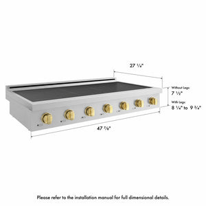 ZLINE Autograph Edition 48 in. Paramount Induction Rangetop with 7 Element Cooktop in Stainless Steel and Polished Gold Accents (SINRTZ-48-G) side, with dimensions labeled.