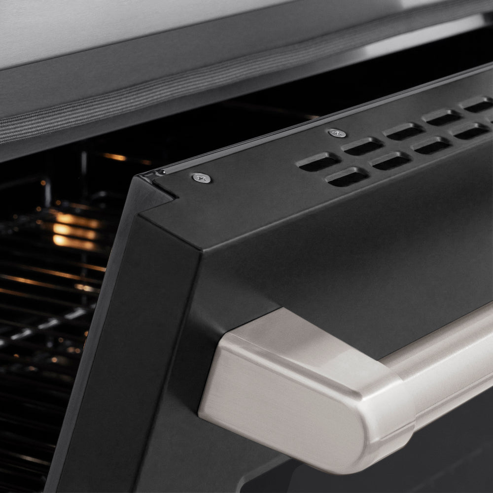ZLINE 48 in. 6.7 cu. ft. Paramount Induction Range with 7 Element Cooktop and Dual Ovens in Satin Stainless Steel with Black Matte Doors (SINRS-BLM-48) close-up, oven door handle.