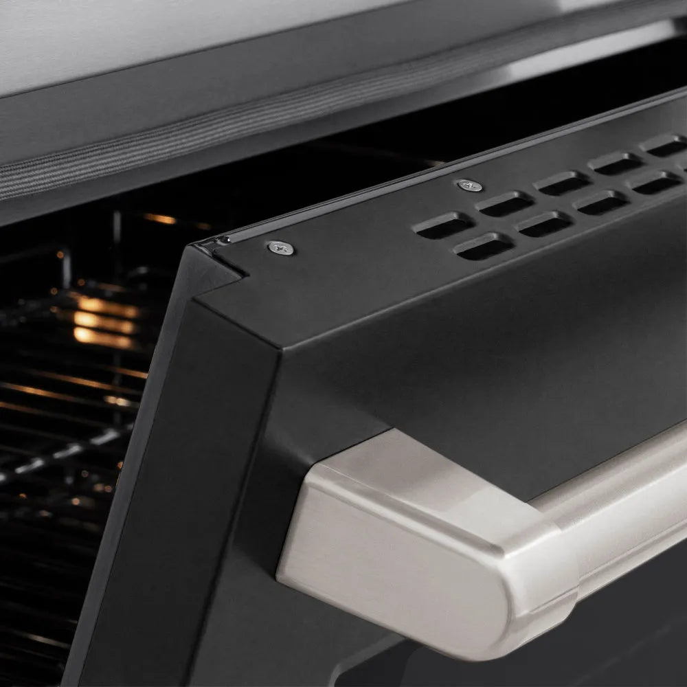 ZLINE 48 in. 6.7 cu. ft. Paramount Induction Range with 7 Element Cooktop and Dual Ovens in Satin Stainless Steel with Black Matte Doors (SINRS-BLM-48) close-up, oven door handle.