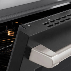 ZLINE 48 in. 6.7 cu. ft. Paramount Induction Range with 7 Element Cooktop and Dual Ovens in Satin Stainless Steel with Black Matte Doors (SINRS-BLM-48) close-up, oven door handle.