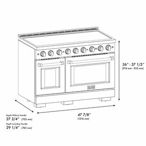 ZLINE 48 in. 6.7 cu. ft. Paramount Induction Range with 7 Element Cooktop and Dual Ovens in Satin Stainless Steel with Black Matte Doors (SINRS-BLM-48) side, with dimensions labeled.