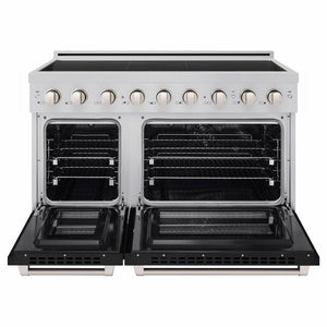 ZLINE 48 in. 6.7 cu. ft. Paramount Induction Range with 7 Element Cooktop and Dual Ovens in Stainless Steel with Black Matte Doors (SINR-BLM-48) front, dual electric oven open.
