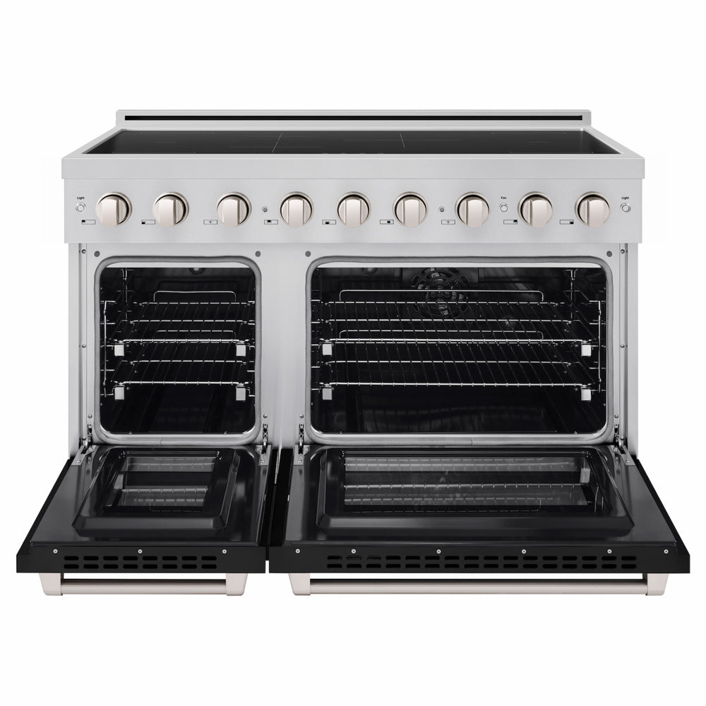 ZLINE 48 in. 6.7 cu. ft. Paramount Induction Range with 7 Element Cooktop and Dual Ovens in Satin Stainless Steel with Black Matte Doors (SINRS-BLM-48) front, dual electric oven open.