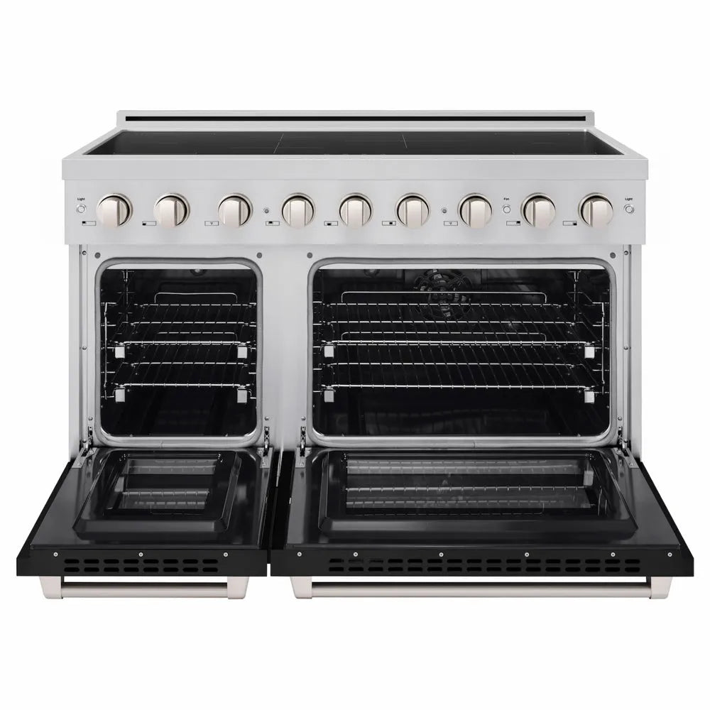 ZLINE 48 in. 6.7 cu. ft. Paramount Induction Range with 7 Element Cooktop and Dual Ovens in Satin Stainless Steel with Black Matte Doors (SINRS-BLM-48) front, dual electric oven open.