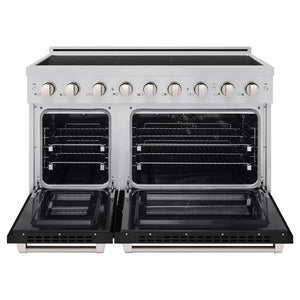 ZLINE 48 in. 6.7 cu. ft. Paramount Induction Range with 7 Element Cooktop and Dual Ovens in Satin Stainless Steel with Black Matte Doors (SINRS-BLM-48) front, dual electric oven open.