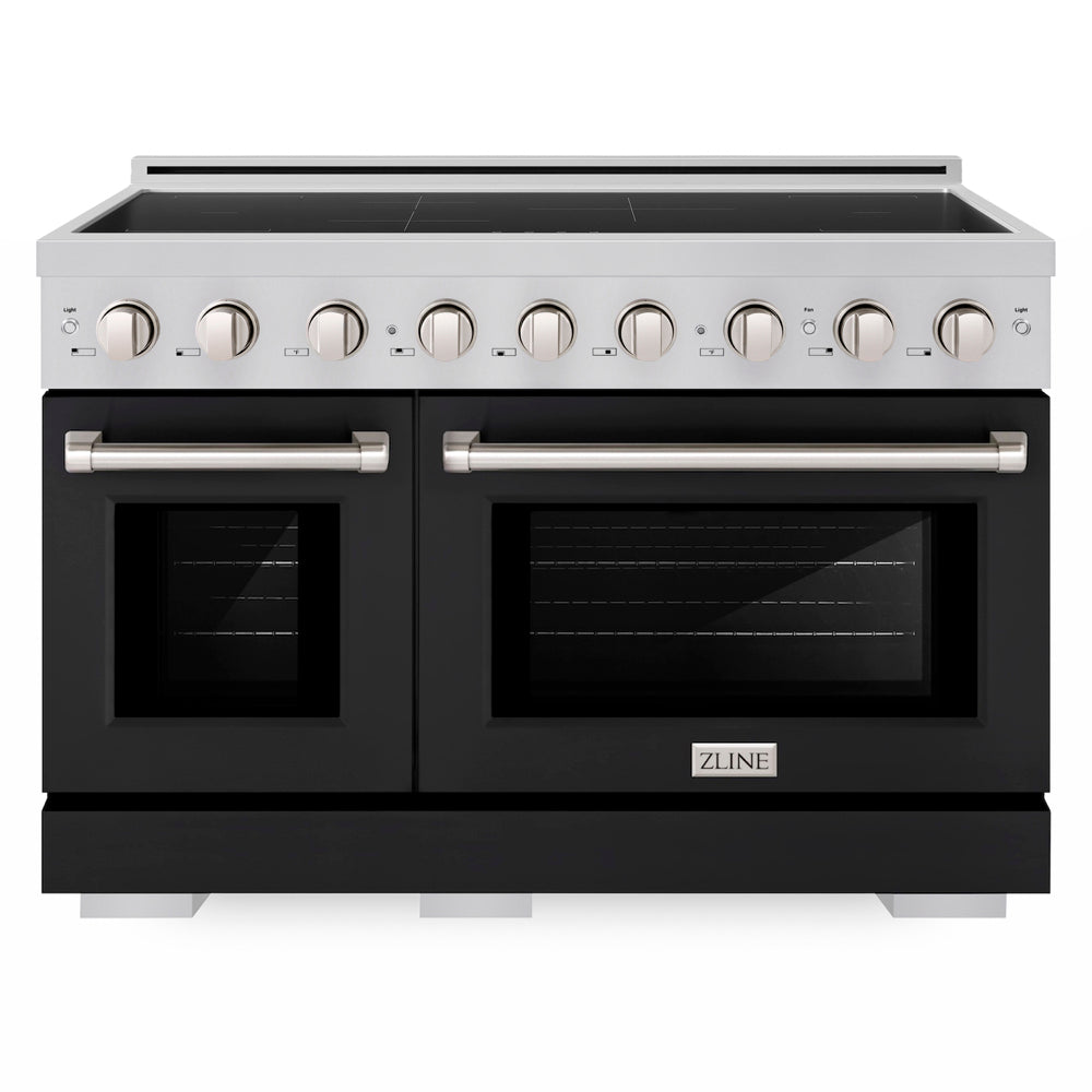 ZLINE 48 in. 6.7 cu. ft. Paramount Induction Range with 7 Element Cooktop and Dual Ovens in Satin Stainless Steel with Black Matte Doors (SINRS-BLM-48) front.