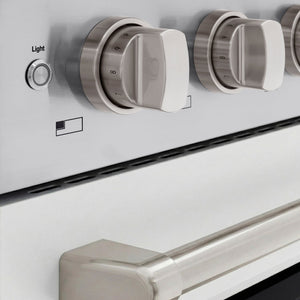ZLINE 48 in. 6.7 cu. ft. Paramount Induction Range with 7 Element Cooktop and Dual Ovens in Stainless Steel with White Matte Doors (SINR-WM-48) close-up, control knobs.