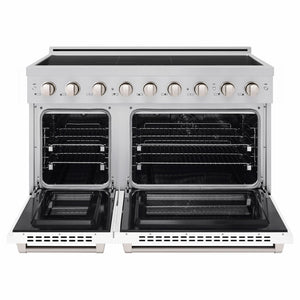 ZLINE 48 in. 6.7 cu. ft. Paramount Induction Range with 7 Element Cooktop and Dual Ovens in Stainless Steel with White Matte Doors (SINR-WM-48) front, dual electric oven open.