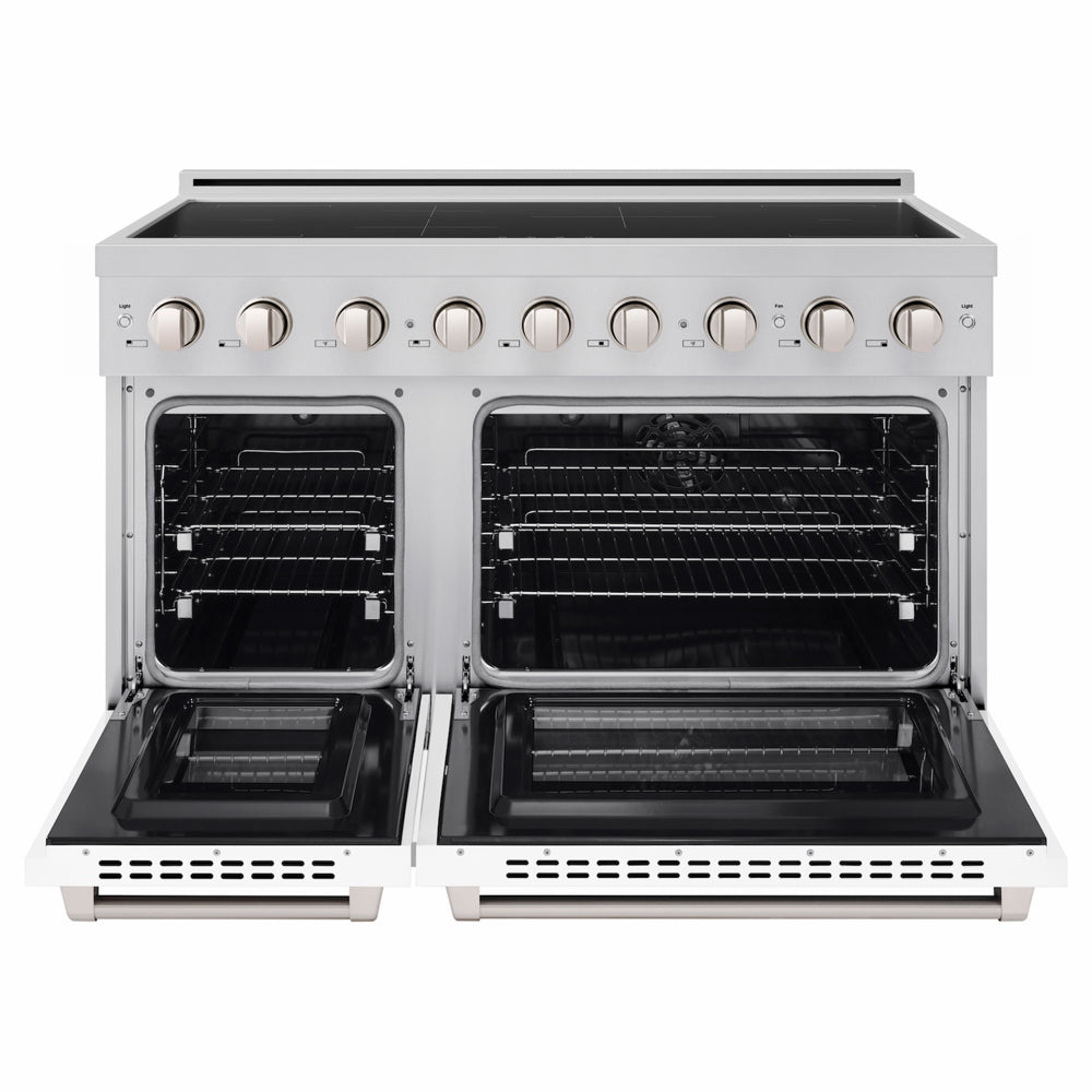 ZLINE 48 in. 6.7 cu. ft. Paramount Induction Range with 7 Element Cooktop and Dual Ovens in Satin Stainless Steel with White Matte Doors (SINRS-WM-48) front, dual electric oven open.