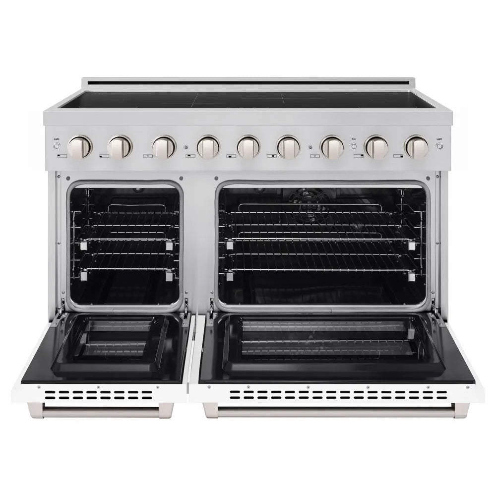 ZLINE 48 in. 6.7 cu. ft. Paramount Induction Range with 7 Element Cooktop and Dual Ovens in Satin Stainless Steel with White Matte Doors (SINRS-WM-48) front, dual electric oven open.