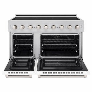 ZLINE 48 in. 6.7 cu. ft. Paramount Induction Range with 7 Element Cooktop and Dual Ovens in Satin Stainless Steel with White Matte Doors (SINRS-WM-48) front, dual electric oven open.