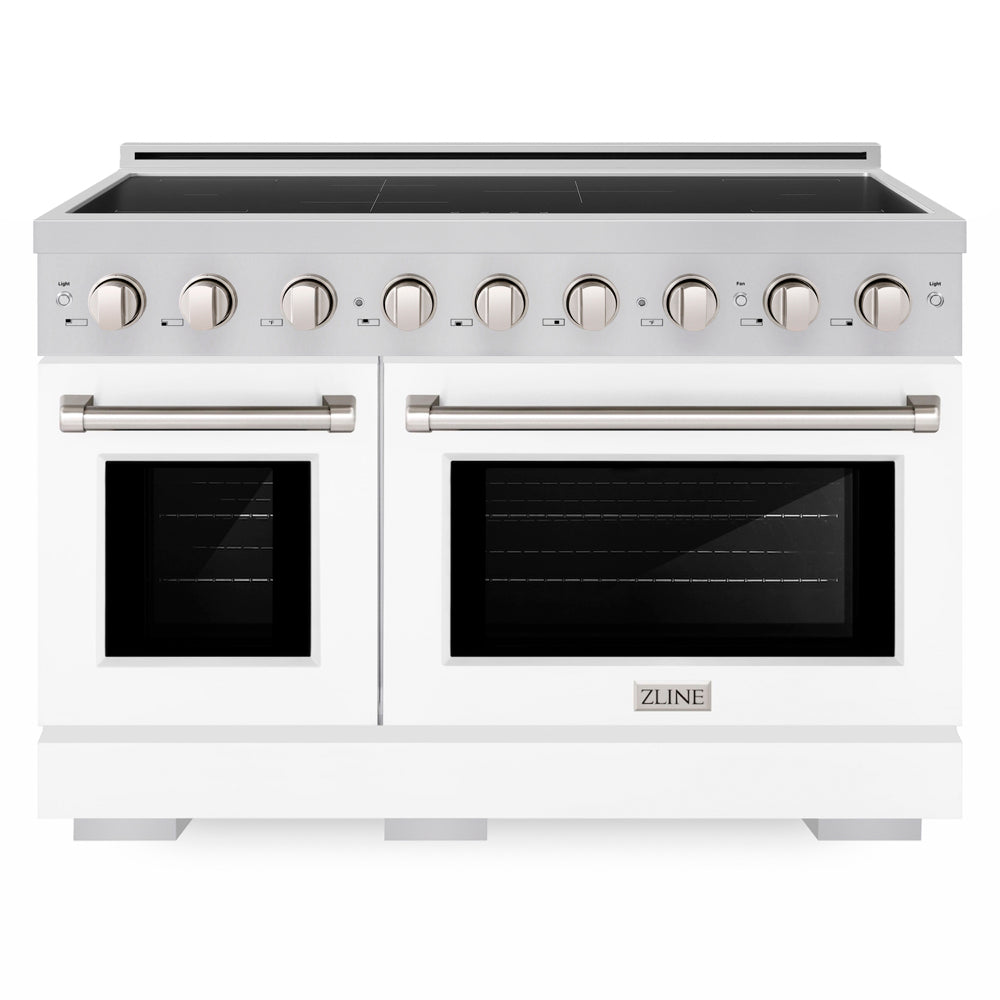 ZLINE 48 in. 6.7 cu. ft. Paramount Induction Range with 7 Element Cooktop and Dual Ovens in Stainless Steel with White Matte Doors (SINR-WM-48) front.