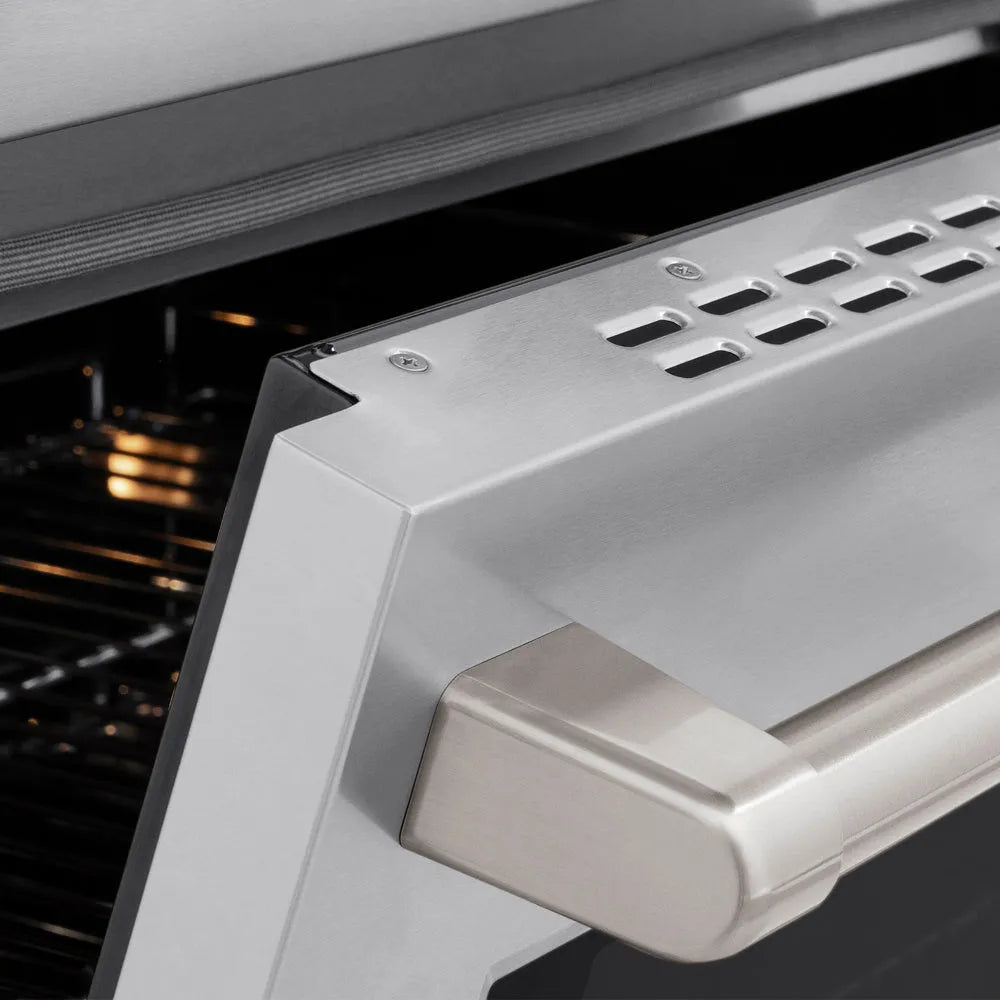 ZLINE 48 in. 6.7 cu. ft. Paramount Induction Range with 7 Element Cooktop and Dual Ovens in Stainless Steel (SINR48) close-up, oven door handle.